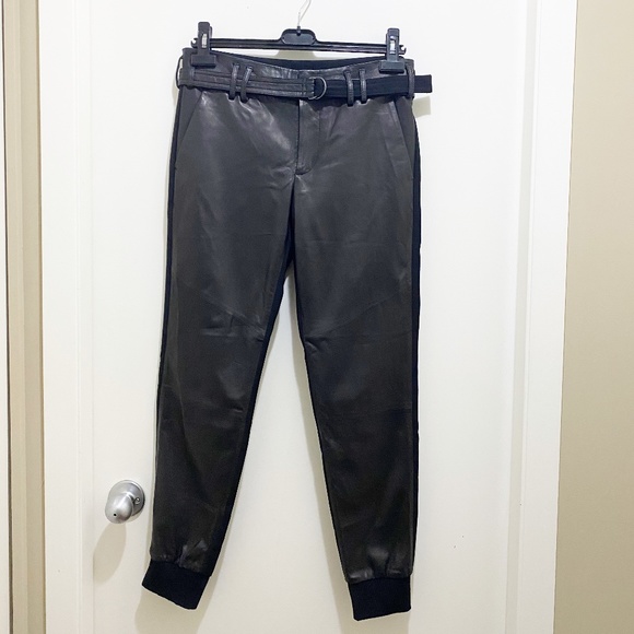 Vince Belted Super Soft Lamb Leather Jogger Pants 4 Black on Black - Picture 3 of 9